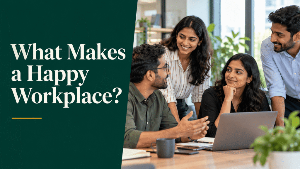 Happy workplace where Indian colleagues listen and share ideas during a team discussion.