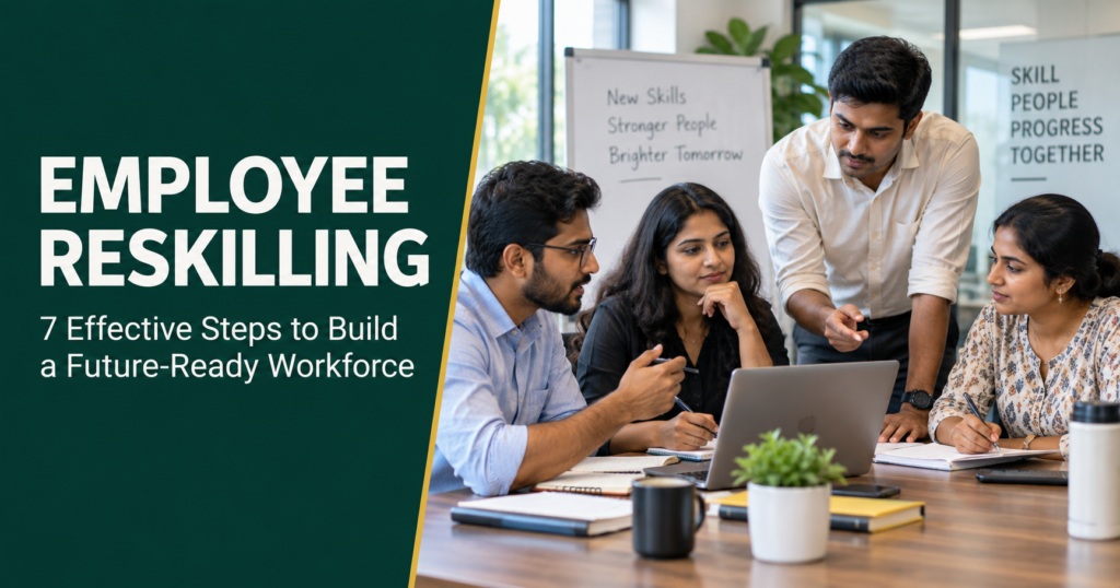 Employee reskilling session with professionals developing future-ready workplace skills