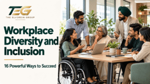 Workplace diversity and inclusion illustrated by colleagues of different ages and backgrounds, including a wheelchair user, collaborating around an office table.
