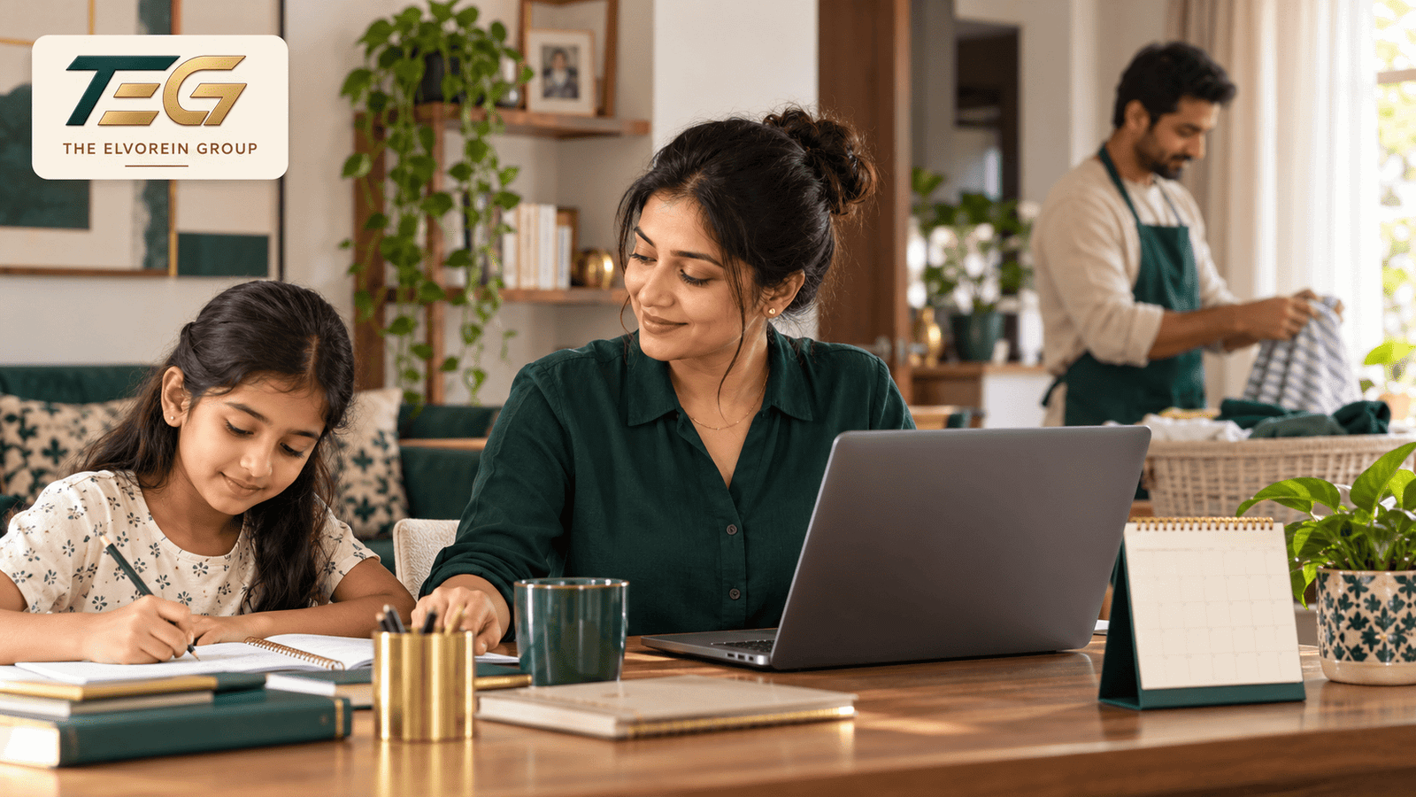 6 Ways Managers Can Support Employee Mental Health During a Crisis 4 Woman working from home beside her child while her partner shares household responsibilities