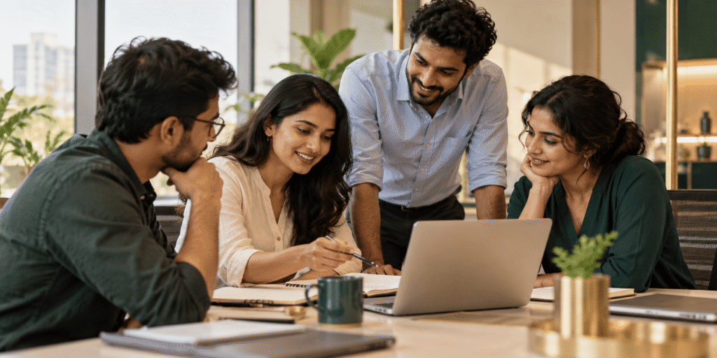 Happy workplace team sharing ideas and supporting one another around a table.