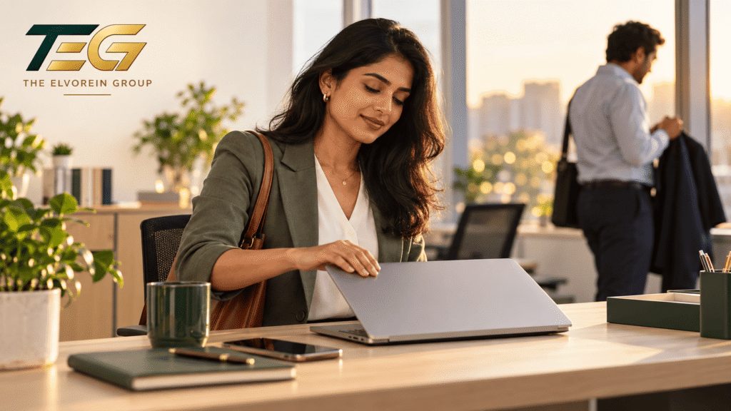 Employee closing her laptop at the end of the workday, illustrating healthy boundaries for employee mental health at work.